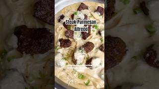 Garlic butter steak bites are topped over a creamy Parmesan fettuccine Alfredo recipe shorts [upl. by Crellen]