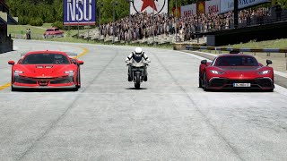 Kawasaki Ninja H2R Supercharged vs Ferrarri SF90 XX Stradale vs MercedesAMG One at Old SPA [upl. by Edmonda]