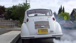 Subaru 360 two stroke Cold Start ridiculous unbelievably smokey [upl. by Ollecram450]