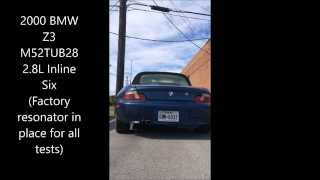 Z3 M52 Exhaust Comparison  Stock Turbo Chambered and Open Mufflers [upl. by Bilski]