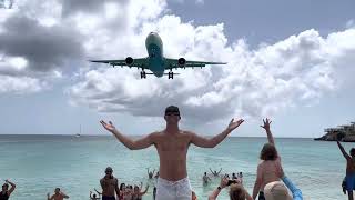 St Maarten SXM airport Extreme Low plane landing at Maho Beach Princess Juliana airport [upl. by Rouvin]