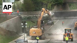 Workers begin removing bridge over I95 after gasoline tanker crash in Connecticut [upl. by Aihtnamas]