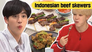 ENG SUB Jin amp Jimin try Indonesian fusion beef skewers 🍖 and their reaction is😁 [upl. by Fidellas]