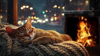 Rainy Night Comfort  Soothing Piano Crackling Fire and a Sleeping Cat [upl. by Stamata]