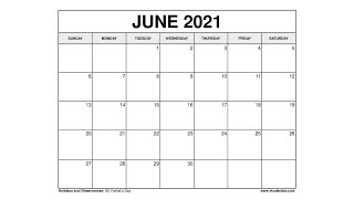 Printable June 2021 Calendar Templates with Holidays  VL Calendar [upl. by Odo203]