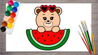 Teddy with Watermelon Drawing  How to Draw a Cute Teddy Bear with Watermelon Easy for Kids [upl. by Meridel605]