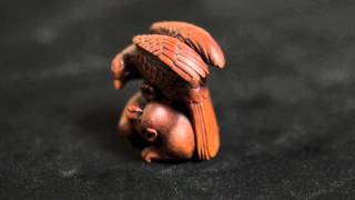 JAPANESE CARVED AND INLAID WOOD NETSUKE [upl. by Narah]