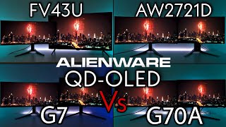 QDOLED AW3423DW Vs Odyssey G7 vs Odyssey G70A Vs AW2721D Vs Aorus FV43U [upl. by Ynaffad236]