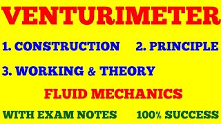 VENTURIMETER  CONSTRUCTION PRINCIPLE WORKING OF VENTURIMETER  FLUID MECHANICS  EXAM NOTES [upl. by Pembrook]