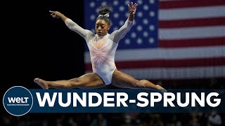 SPEKTAKULÄRER SPRUNG Starturnerin Simone Biles kehrt mit Weltpremiere auf die TurnBühne zurück [upl. by Auhsej486]