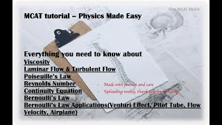 MCAT  Fluid 3High Yield Bernoullis EquationContinuity EquationReynolds NumberPoiseuilles Law [upl. by Rog]