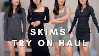 SKIMS try on haul petite soft lounge dress onesie cotton rib dress matching set etc [upl. by Suzetta]