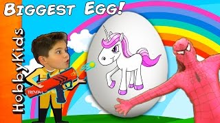 GIANT RAINBOW UNICORN Surprise Egg Nerf RUN with HobbyKidsTV [upl. by Amsa]