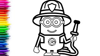 how to draw Minions firefighter  minion drawing and coloring for kids and toddlers [upl. by Anelaj]