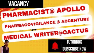 Pharmacist Vacancy  Apollo Pharmacy  Pharmacovigilance job  Accenture  Medical Writer  Cactus [upl. by Donelle]