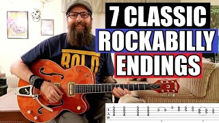 7 Classic Rockabilly Guitar Endings  Lesson wTABS [upl. by Ahtnamas]