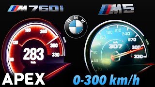 2018 BMW M5 vs BMW M760Li  Acceleration Sound 0100 0300 kmh  APEX [upl. by Pritchett86]