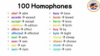 100 Homophones Homophone Words List [upl. by Anneirb64]