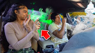 SPRAYING FART SPRAY WHILE GOING THROUGH A CAR WASH PRANK ON BOYFRIEND GONE WRONG [upl. by Astrahan]