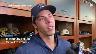 An emotional Christian Yelich on a clearly emotional topic for him his friend Bob Uecker [upl. by Elkraps]