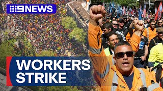 Tens of thousands of workers strike in CFMEU protest  9 News Australia [upl. by Garbers]