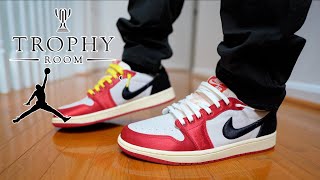 ARE THESE WORTH THE HYPE  JORDAN 1 LOW TROPHY ROOM ROOKIE CARD AWAY REVIEW amp ON FEET [upl. by Yks468]