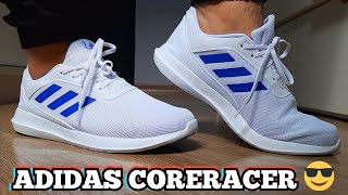 Unboxing Tênis Adidas Coreracer Branco  Azul  Comprado Na Netshoes  Review e Demonstração no pé [upl. by Ellehcim]