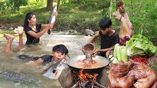 Survival in forest Catch two fish in river Fish grill for jungle food Durian amp Pork leg for food [upl. by Lladnyk]