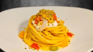 Chitarra con datterini gialli ricotta gamberetti e crumble di pistacchi🍽😋 [upl. by Segalman]