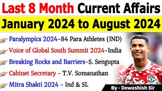 Last 8 Months Current Affairs 2024  January 2024 To August 2024  Important Current Affairs 2024 [upl. by Powe]