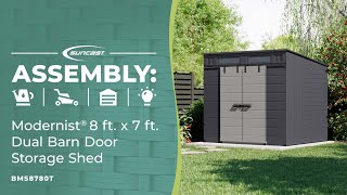 Modernist® 8 ft x 7 ft Dual Barn Door Storage Shed Assembly Video [upl. by Nailliw]