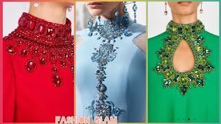 New Beads amp Crystal Embellished Neckline DesignsEmbroidered Evening Bodice Outfits [upl. by Eanert]