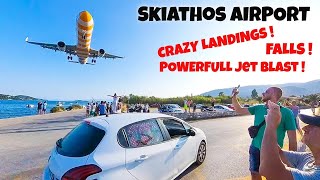 SKIATHOS Airport Powerfull JET BLAST  LOW LANDING and Falls 2023 [upl. by Aiem809]