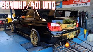 STRAIGHT PIPED 2004 SUBARU WRX STI MUSTANG DYNO 384WHP401WTQ E85 [upl. by Auburta165]