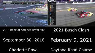 Nascar Comparison  2018 Charlotte Roval and 2021 Busch Clash finish [upl. by Eciralc]