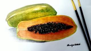 How to draw realistic Papaya  Painting a papaya in watercolor [upl. by Allegna]