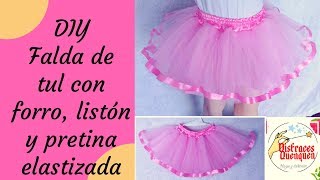 DIY Falda de TUL con forro listón y pretina elástica Tutu para niña Tulle skirt with ribbon [upl. by Yelram929]