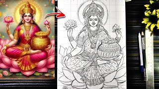 Maa Laxmi Drawing Outline How To Draw Lakshmi Mata Full Body With Grid MethodLokkhi Thakur Drawing [upl. by Jocelyne]