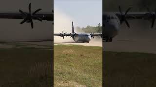 A US Air Force C 130J Super Hercules fighter jet lands on a dirt runway [upl. by Jeraldine]