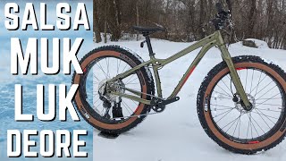 At Home on the Snow  2021 Salsa Mukluk Deore 11 Fat Bike Adventure Bike Feature Review amp Weight [upl. by Aisat]