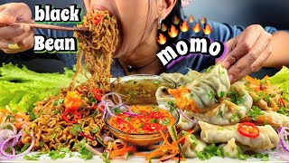 EATING SPICY BLACK BEAN NOODLES MOMO WITH CHUTNEY amp SOUP  MOMO amp NOODLES MUKBANG  TASTY MOMO ASMR [upl. by Siuluj]