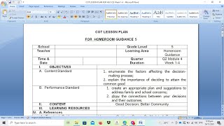 Sample of COT Lesson Plan for Homeroom Guidance [upl. by Ikiv]