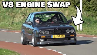 BMW E30 with V8 M62B44 Engine Swap Revs Flames Accelerations [upl. by Crowell46]