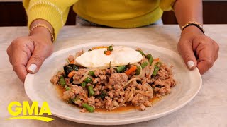 Chrissy Teigen’s mom shows us how to make a restaurantworthy 5 minute Pork Krapow l GMA [upl. by Kyd804]