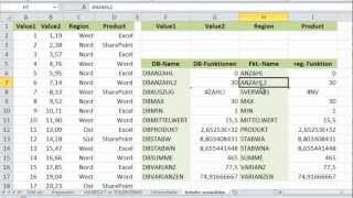 Excel  Zwölf DatenbankFunktionen  DBSUMME DBMITTELWERT DBAUSZUG etc [upl. by Ekihc657]