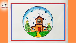 How to Draw a Church  Christmas Scenery  Church Drawing Easy  Merry Christmas  Church Scenery [upl. by Steffie811]