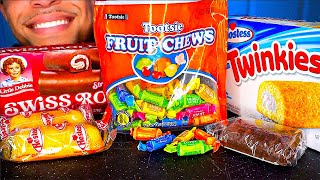 ASMR Fruit Chews Candy Little Debbie Swiss Strawberry Rolls Bites Twinkies Flavors CHEWY Eating [upl. by Shevlo]