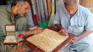 How To Weaving A Caned Chair Seat With Bamboo Cane StripesTechnique of Bamboo Woodwork Art [upl. by Julia]