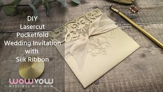 Lasercut Pocketfold DIY Wedding Invitation Tutorial with Ribbon Bow [upl. by Ieso]