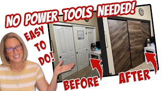 DIY BARN DOORS on a BUDGET  NO TOOLS  HIGHEND LOOKING Barn Doors you can AFFORD CLOSET DOOR FLIP [upl. by Oniger]